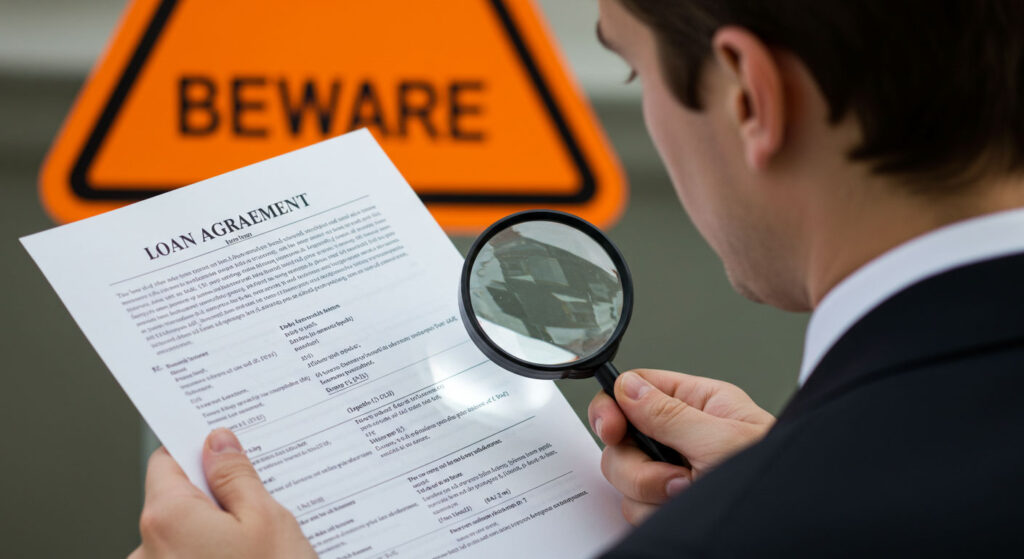 Persoon inspecteert kleine lettertjes in leningsovereenkomst met loep, waarschuwingsbord zichtbaar.