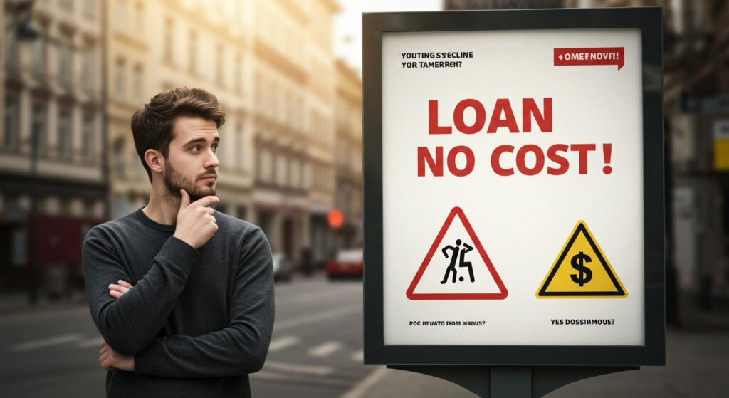 Reclamebord met 'Lening zonder kosten!' en waarschuwingssymbool, persoon kijkt twijfelend.